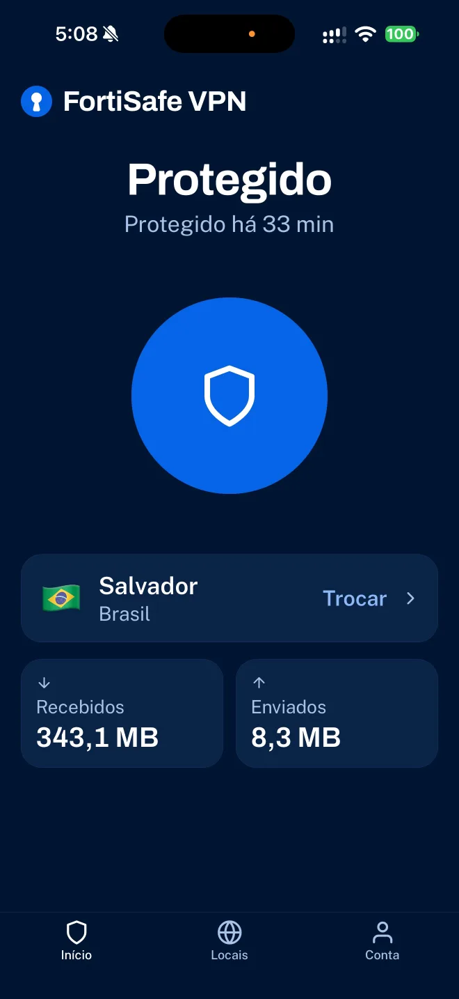 FortiSafe app on iPhone: protected, connected in Salvador, Brazil