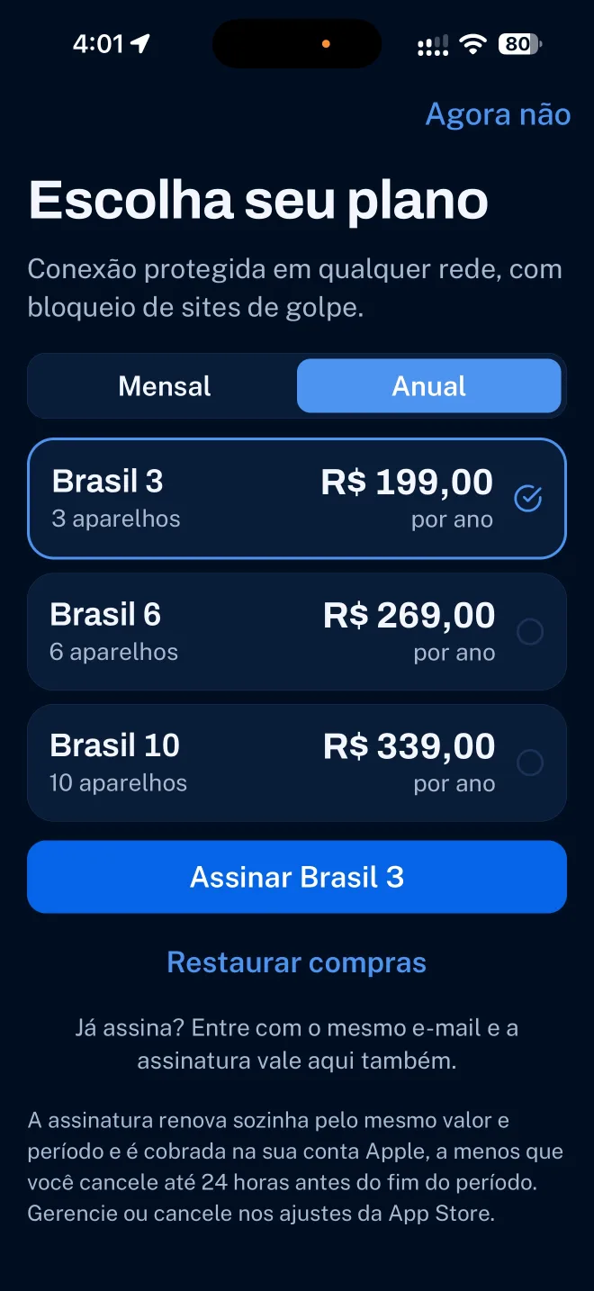 Plans screen of the FortiSafe app on iPhone